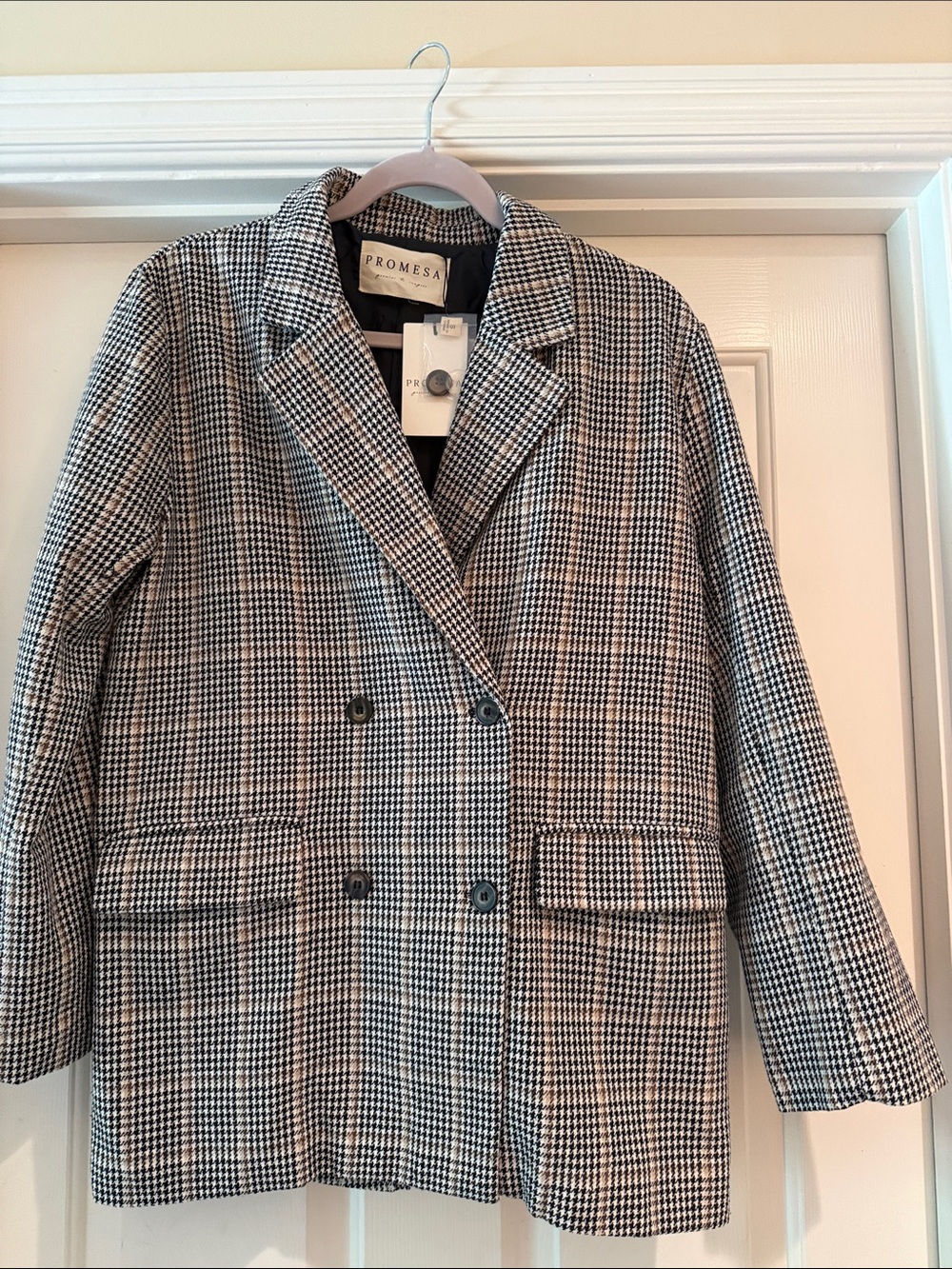 Promesa Brown, black, tan and cream Houndstooth Double-Breasted Blazer NWT small
